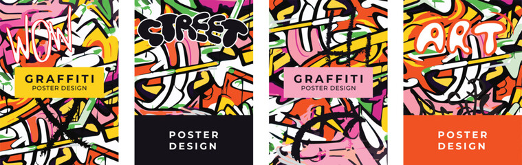 Set of posters in graffiti style. Poster, banner, flyer template. Vector abstract background, street art, wall art.