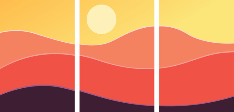 Vector drawing of a sunset in the mountains. Drawing for banner, poster, flyer, background, picture.