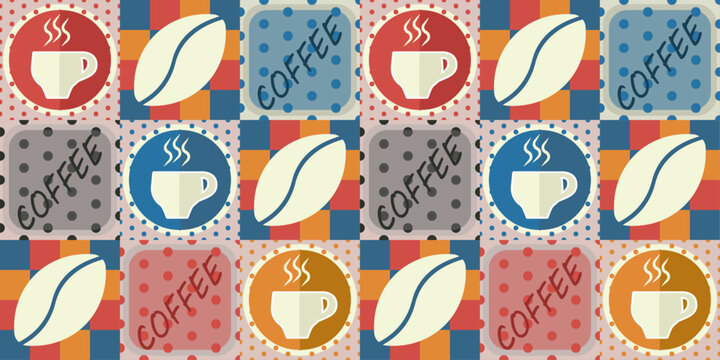 Tiles with painted coffee cups, coffee beans, as well as inscriptions. Coffee endless pattern, for coffee shops and caering establishments.