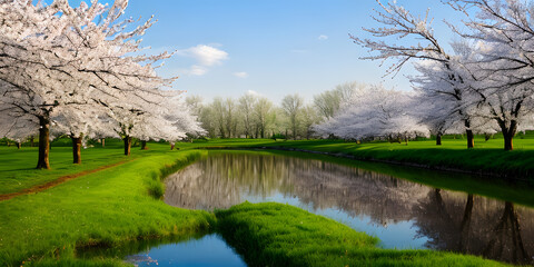 Spring concept background stunning nature landscape reflection on water with meadows view