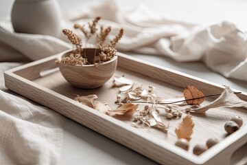 Fototapeta na wymiar On a white wooden tabletop, a natural white wooden tray with dried leaves is shown. Generative AI
