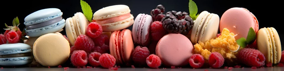 Türaufkleber hd wallpaper of different types of colorful macarons with fresh raspberries, blackberries and mint leaves presented against black background, created with Generative AI Technology © ViveLaCuisineArt