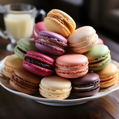 White plate with dozens of different colored macarons on a wooden table next to a glass of milk, bright daylight, luxury pastries, created with Generative AI Technology