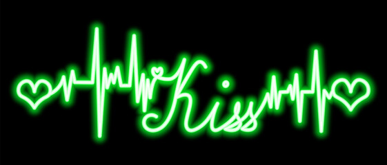 Kiss. The text is embellished with pulses and hearts. Green neon glow. Color vector illustration. Broken zigzag line and romantic lettering in italics. Isolated black background. Idea for web design