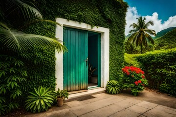 Fototapeta na wymiar a house Shadows of tropical foliage on a green wall in the Caribbean