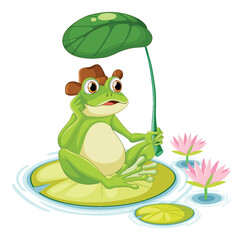 Green Frog Cartoon Character Holding Leaf Umbrella