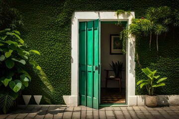 a house Shadows of tropical foliage on a green wall in the Caribbean