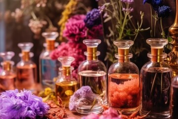Obraz na płótnie Canvas Bottles and flacons with perfume essences and oils. AI Generative