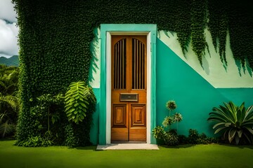 Fototapeta na wymiar House Shadows of tropical foliage on a green wall in the Caribbean