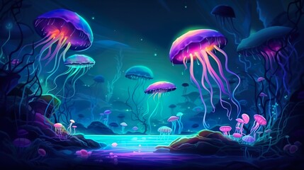 Obraz na płótnie Canvas Abstract background ocean monsters. Captivating illustration capturing the mysterious beauty of jellyfish, set against an abstract ocean background. Generative AI.