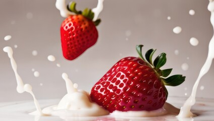 Strawberry falling into milk and splashing. Generative AI