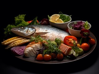 Matelote with a variety of fish, vegetables, and sauce displayed on a white plate