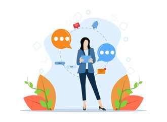 business woman standing and holding tablet, surfing social media, sending messages, chatting and getting notifications, several bubbles, location icon, flat vector illustration on a white background. - obrazy, fototapety, plakaty
