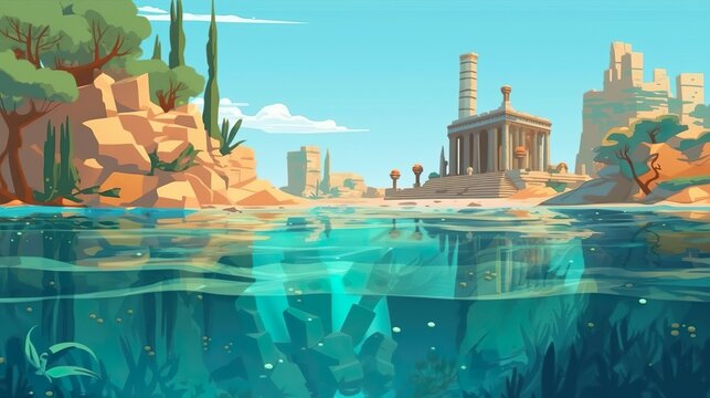 Background archeological excavation. An illustration that demonstrates the mystery of the underwater archeological excavations of the ancient world. Generative AI.