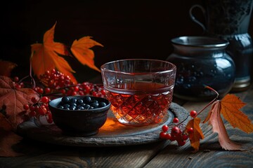 On a wooden table, there are scarlet autumn leaves, viburnum berries, and a cup of tea. Generative AI