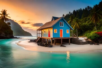 colorful beach house on a vibrant tropical island