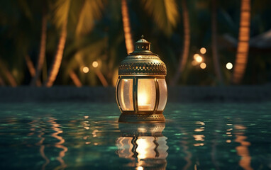 A luminous Ramadan glass lantern at night floating over a pool of water with a background of palm leaves