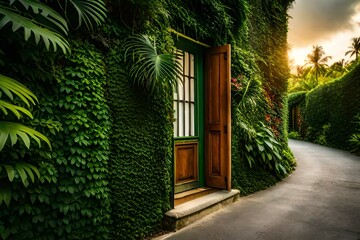 Fototapeta na wymiar House Shadows of tropical foliage on a green wall in the Caribbean