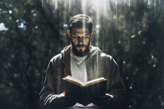 Young man reading the bible. The power of Faith