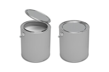 Paint can mockup isolated on white background. Open and closed glossy paint can.3d rendering.