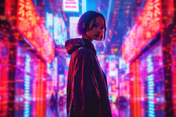 Obraz premium Woman posing in empty street filled with neon signs at night. Generative AI