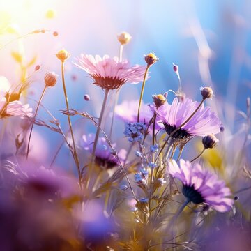 Beautiful wild flowers chamomile, purple wild peas, butterfly in nature, close-up macro. Copy space. Generative AI.