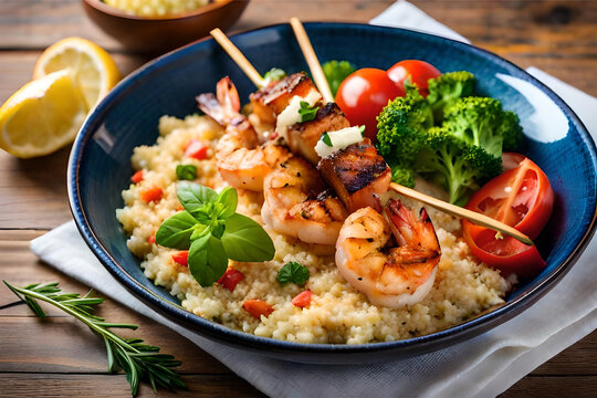  a coastal-inspired shrimp meal , succulent grilled shrimp skewers served on a bed of quinoa pilaf, accompanied by a fresh citrus salad and a tangy lemon garlic aioli | Generative AI