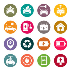 Fototapeta premium Electric cars flat vector icon set. Electro car charging and service icons.