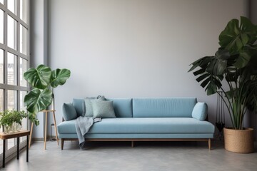 Light blue retro sofa with pillows, green tropical fern plants, and a low sill window can all be found in a modern loft living room with plywood walls and a hardwood floor. Interior mockup in a straig