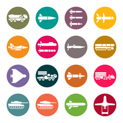 Fototapeta premium Modern armament flat vector icon set. Artillery, missiles, anti-aircraft systems icons. War weapons.