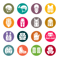 Army gear flat vector icon set. Military equipment and clothing icons.	