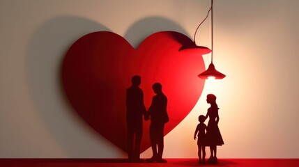 background silhouettes of a happy family on the background of a big heart. banner, poster. concept of family and care for each other. Generative AI