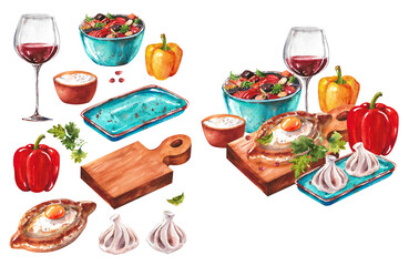 Watercolor set of Caucasian cuisine. Set of Georgian lunch separately and in composition