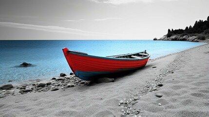 Fototapeta na wymiar White and black seascape with a colored boat mini