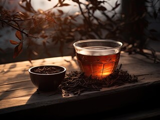 Japanese organic traditional Hojicha tea in a tea cup upclose photo. Generative AI