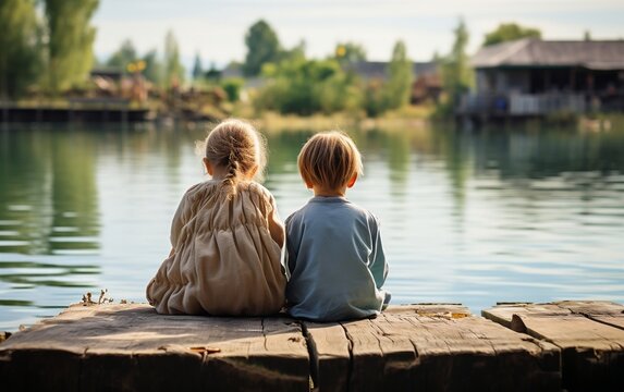 Two children sitting on a wooden dock enjoying the peaceful surroundings. AI