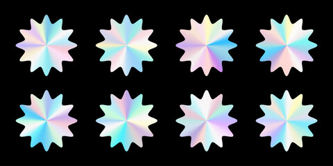Set of realistic round flower-shaped holograms. Rainbow color gradient. Multicolored texture.3d vector illustration on a black background.