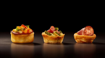 puff pastry baskets stuffed with tomato, cheese, spinach and ham close-up. Generative AI