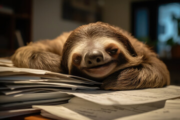 Naklejka premium very tired sloth sleeps on lots of files in the office, generative AI
