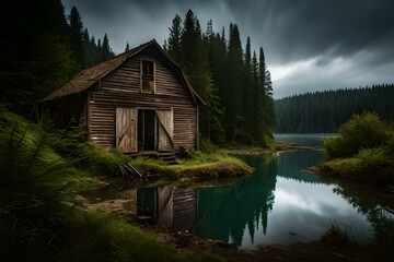 Cottage at the bank of the lake in forest, by Generative Ai technology
