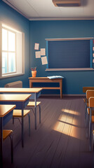 An empty school class, an empty room with desks, generative AI.