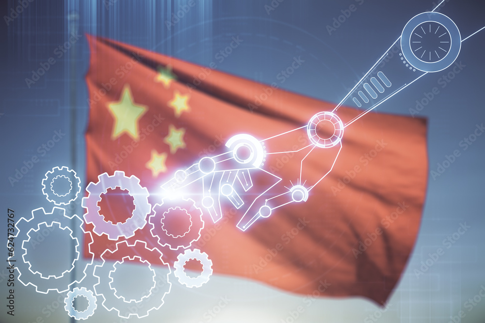Aufkleber abstract virtual robotics technology hologram on chinese flag and blue sky background, artificial in