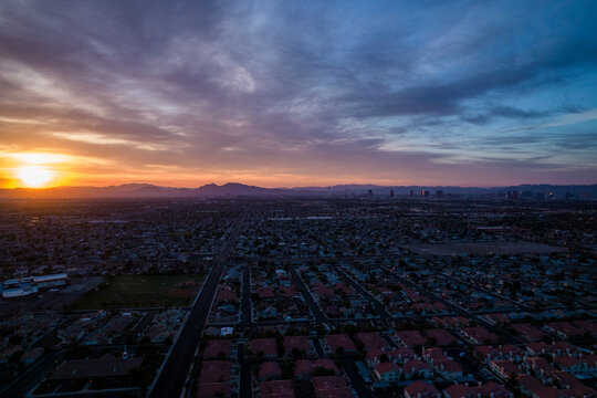 Aerial view of Las Vegas during beautiful sunrise. Fabolous morning in Las Vegas Nevada.	