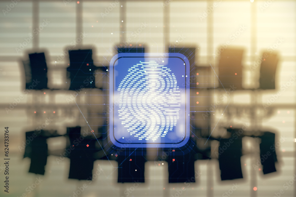 Aufkleber Multi exposure of virtual abstract fingerprint illustration on a modern conference room background, digital access concept