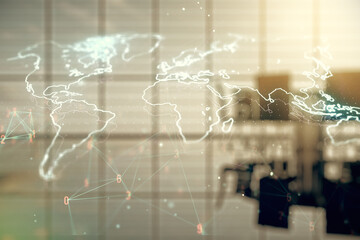 Abstract creative world map interface on a modern conference room background, international trading concept. Multiexposure