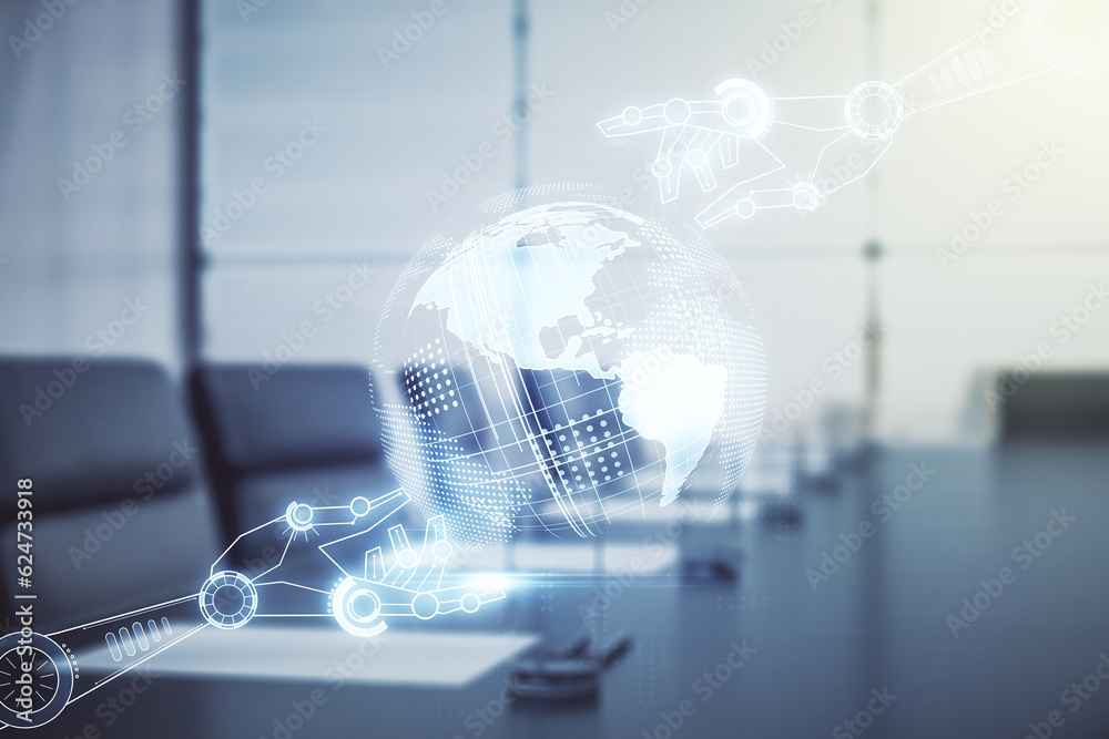 Aufkleber Abstract virtual robotics technology sketch with globe on a modern boardroom background, future technology and AI concept. Double exposure