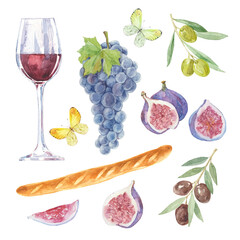 Set for a picnic day. Hand drawn watercolor illustration, isolated elements on white. Wine in a glass, grapes, olives, baguette, figs, butterflies.