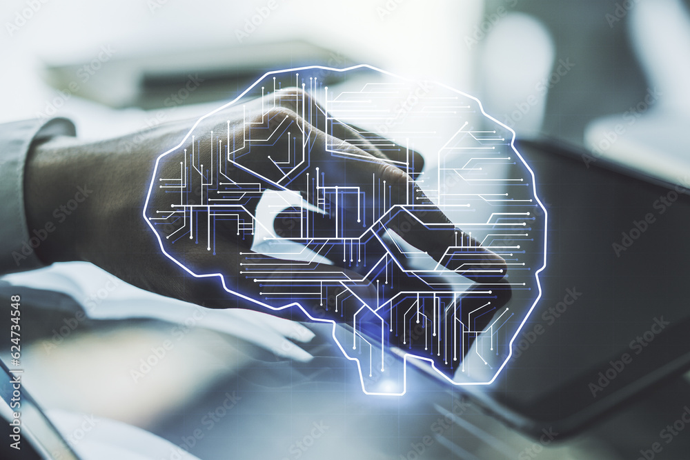Aufkleber double exposure of creative artificial intelligence symbol with finger clicks on a digital tablet on