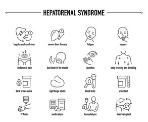 Hepatorenal Syndrome symptoms, diagnostic and treatment vector icon set. Line editable medical icons.