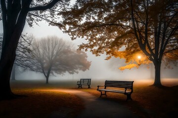 A lonely park bench sits gracefully amidst a blanket of thick fog, giving the scene an enchanting and magical quality.Ai generated